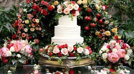 Elegant Floral Wedding Cake in a Garden Setting