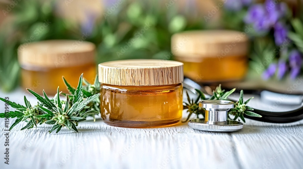 Poster a jar of cbd salve placed next to fresh cannabis leaves and a stethoscope on a clean white backgroun