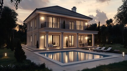 Obraz premium Elegant house with a swimming pool in a modern architectural style