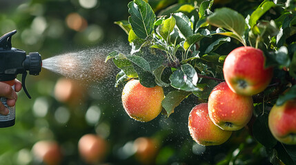 Close-up of apples on tree being sprayed with pesticides