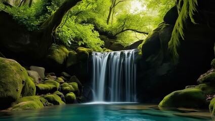 Moss-Covered Rocks and Cascading Water | Tranquil Forest Waterfall | Lush Green Landscape | Serene Nature Scene