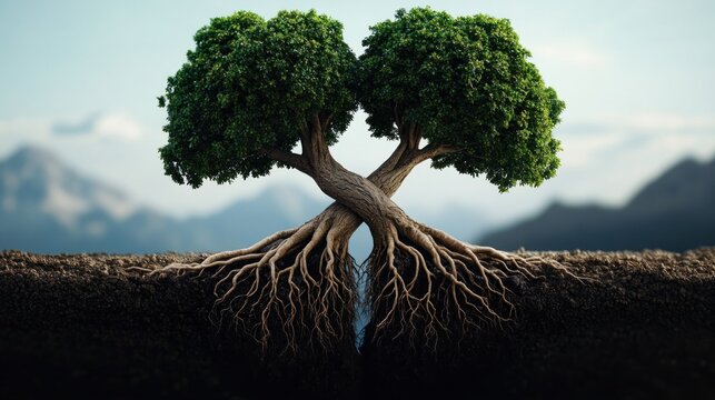 Explore the profound symbolism of interconnectedness with this artistic representation of intertwined family tree roots, symbolizing connections and shared history Discover the strength of heritage