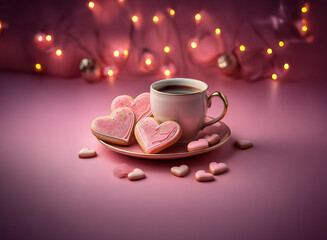 Romantic Valentine's Day scene featuring a cup of coffee and heart-shaped cookies on a pink background with warm, twinkling lights.