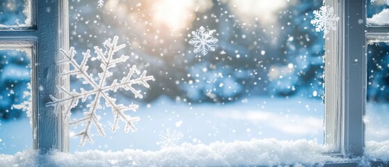 Cozy Winter Scene with Snowflakes and Frosty Window View Amid Soft Glowing Light in a Serene Atmosphere