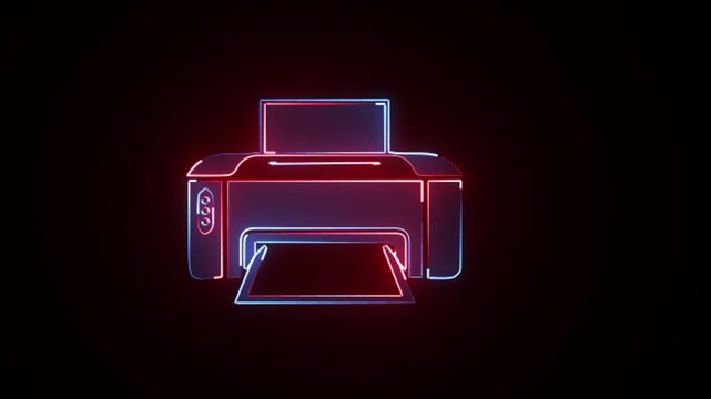  Neon glowing printer icon on black background animation video.