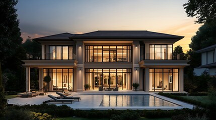 Elegant house with a swimming pool in a modern architectural style