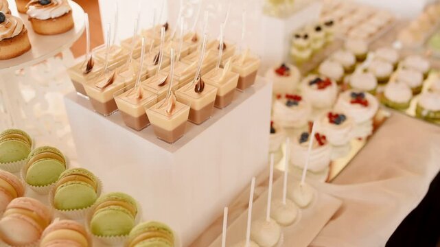 Close up view Candy Bar Wedding, candy buffet wedding move camera. delicious sweet turquoise snacks, candy bar with cupcakes, cakepops, macaroons, cake, bize and other sweets and cookies Banquet Hall