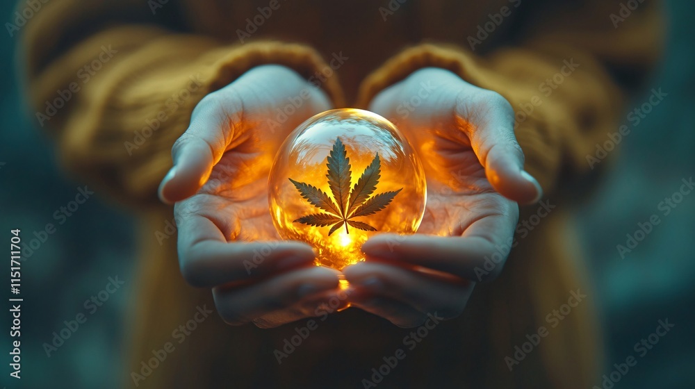 Poster a pair of hands cupping a glowing orb with a cannabis leaf inside symbolizing connection and healing