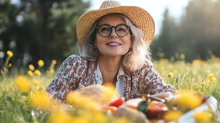 A woman in a straw hat and glasses smiles while lying in a field of yellow flowers.