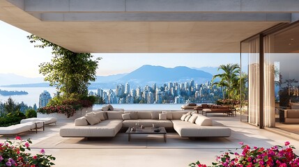 Obraz premium Modern Terrace Overlooking City Skyline And Mountains
