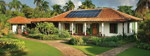 Obraz premium Classic Colonial House with Solar Panels: Sustainable Architecture, Renewable Energy, Eco-Friendly Living, and Residential Design in Puerto Rico