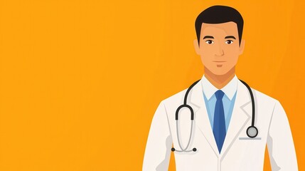 Fototapeta premium Professional male doctor with stethoscope wearing white coat and blue tie on bright orange background