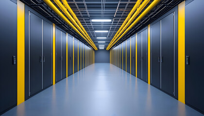 Fototapeta premium Modern data center corridor with yellow accents and server racks