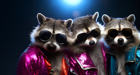 Creative animal concept. Group gang of raccoon in sparkly rock punk neon bright colour outfit, copy text space. commercial, editorial advertisement party invitation invite	
