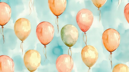 Pastel watercolor balloons float on a light blue sky