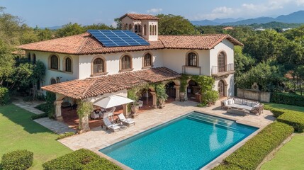 Fototapeta premium Classic Colonial House with Solar Panels: Sustainable Architecture, Renewable Energy, Eco-Friendly Living, and Residential Design in Puerto Rico