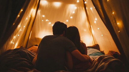 A couple cuddling up in a cozy blanket fort with soft lighting