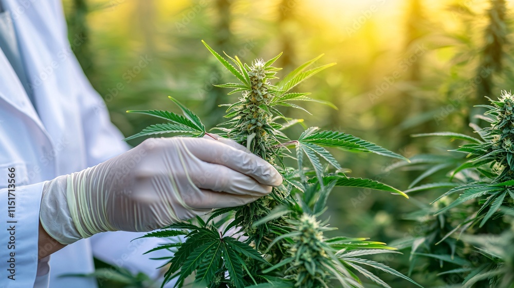Poster a laboratory scene with a scientist analyzing cannabis samples using advanced scientific equipment s