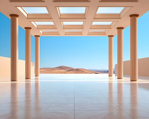 Fototapeta premium spacious architectural interior with columns and desert view
