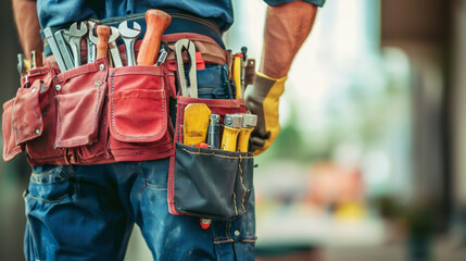 Close-up of a maintenance worker with tool belt and equipment
