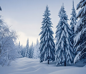 Obraz premium Winter panorama landscape with a snow-covered forest and trees at sunrise. A winter morning marking the beginning of a new day. Winter landscape with sunset, panoramic view