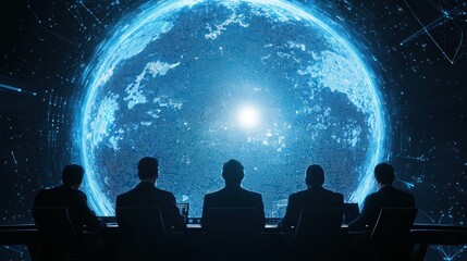 Naklejka premium Futuristic Command Center with Diverse Analysts Observing Data and Insights