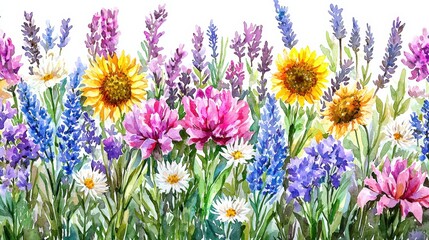 Vibrant watercolor floral border; sunflowers, lavender, peonies