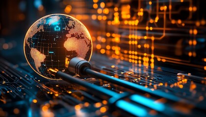 Fototapeta premium A glowing globe connected to a network cable, with a circuit board backdrop, illustrating the concept of worldwide internet connectivity and data flow