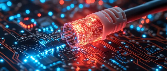 A network cable connecting to a radiant globe, with a circuit board design in the background, symbolizing worldwide data communication and connectivity