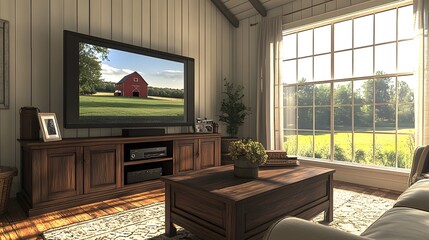 Cozy living room features a stunning 3D TV with landscape view, showcasing vibrant greenery and a charming red barn.