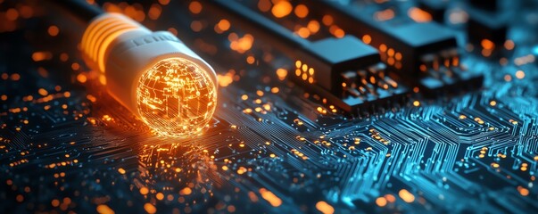 Fototapeta premium A network cable extending from a glowing globe, set against a hightech circuit board background, symbolizing the flow of worldwide data and communication