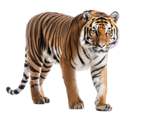 a tiger walking on a white background