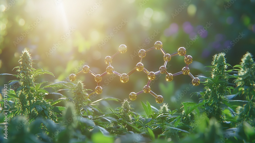 Poster a digital animation-style flat-lay showing cannabis molecular breakdown with vibrant and educational