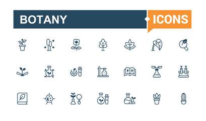 Set of Botany line icons. Includes icons for botany, plant, natural, equipment, grow, organic, bio and more. Outline icon. Solid line editable stroke. Vector line and solid icons.
