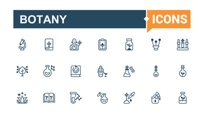 Set of Botany line icons. Includes icons for botany, plant, natural, equipment, grow, organic, bio and more. Outline icon. Solid line editable stroke. Vector line and solid icons.