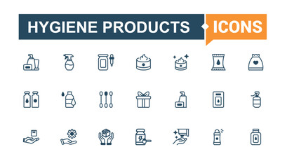 Hygiene Products icon pack. Includes thin line shampoo, cosmetic, care, woman, sun, serum, beauty and more. Minimalistic icon. Editable vector icon and illustration.