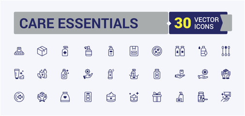 Care Essentials linear icon collection. It contains symbols to sun, oil, wash, foam, lip, care, dermatology, hair. Symbol. Editable vector icon and illustration.