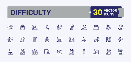 Difficulty icon set. Includes icons for skill, person, career, target, leadership, team, motivation and more. Simple icon designs. Editable vector icon and illustration.