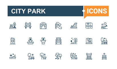 Set of City Park line icons. Contains related to style, wc, building, transport, element, bench, landscape, house. Thin linear style icons. Outline and solid pictogram.