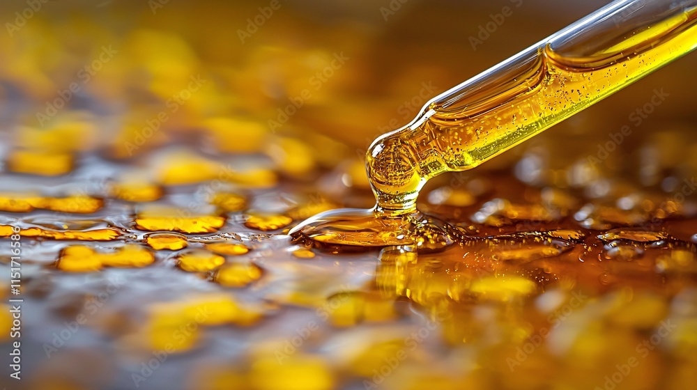 Poster A close-up of a scientist carefully extracting cannabis oil with a precision dropper in a sterile lab environment Stock Photo with side copy space