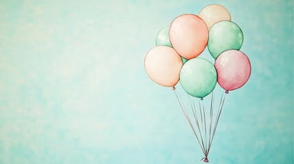 Pastel balloons float against a light blue sky