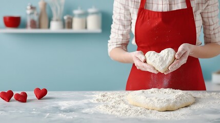 A person in an apron shapes dough into a heart, surrounded by flour and red heart decorations, evoking a cozy baking atmosphere.