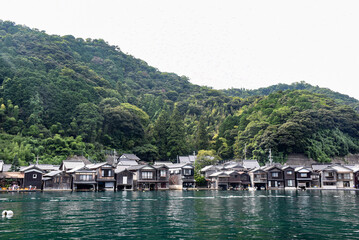 Traditional wooden boathouses, called funaya, line the water in Ine, Japan. These unique homes have storage for boats below and living spaces above, blending practicality with rustic charm.