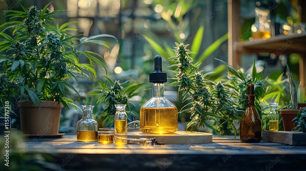 Poster a scientific workspace showing tools used for cannabis extraction next to a labeled diagram stock ph