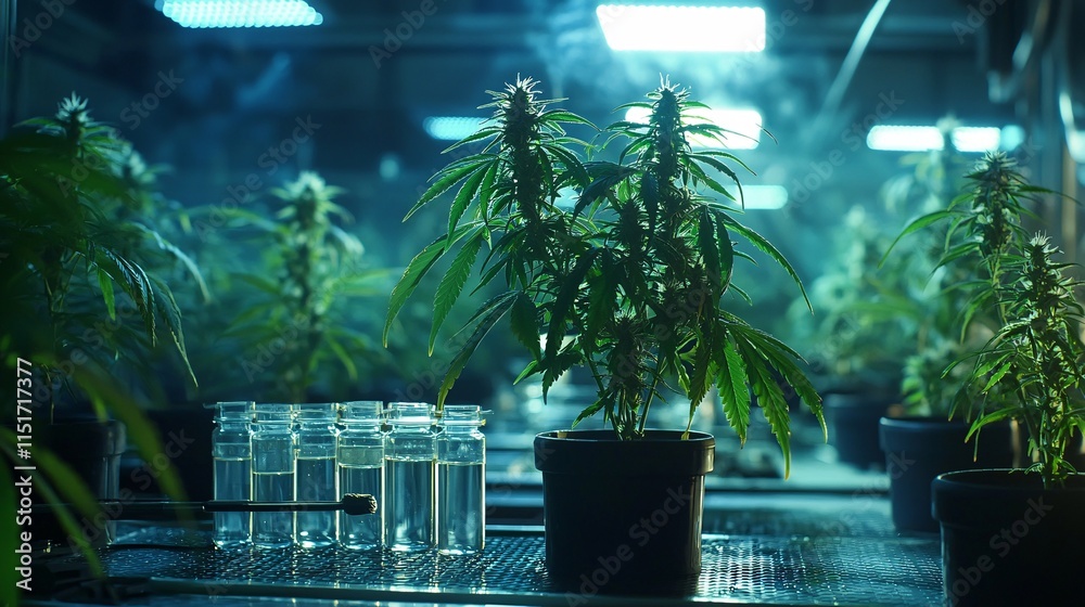 Poster a scientific workspace showing tools used for cannabis extraction next to a labeled diagram stock ph