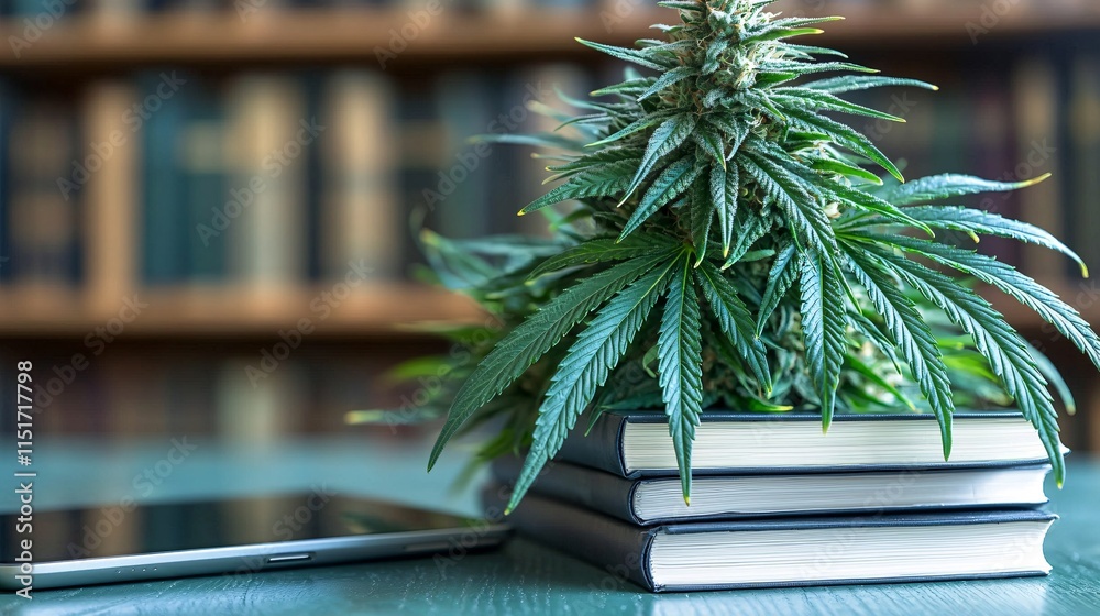 Poster a serene study table featuring a cannabis plant notebook and a tablet displaying research stock phot