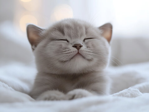 Adorable Grey Kitten Napping Peacefully on Soft White Bedding - Powered by Adobe