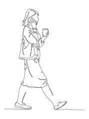 Woman talking on the phone holding drink and walking. Side view. Continuous line drawing. Black and white vector illustration in line art style.