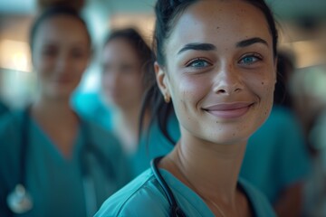 Fototapeta premium A smiling healthcare professional in scrubs, showcasing compassion and dedication in a hospital environment.