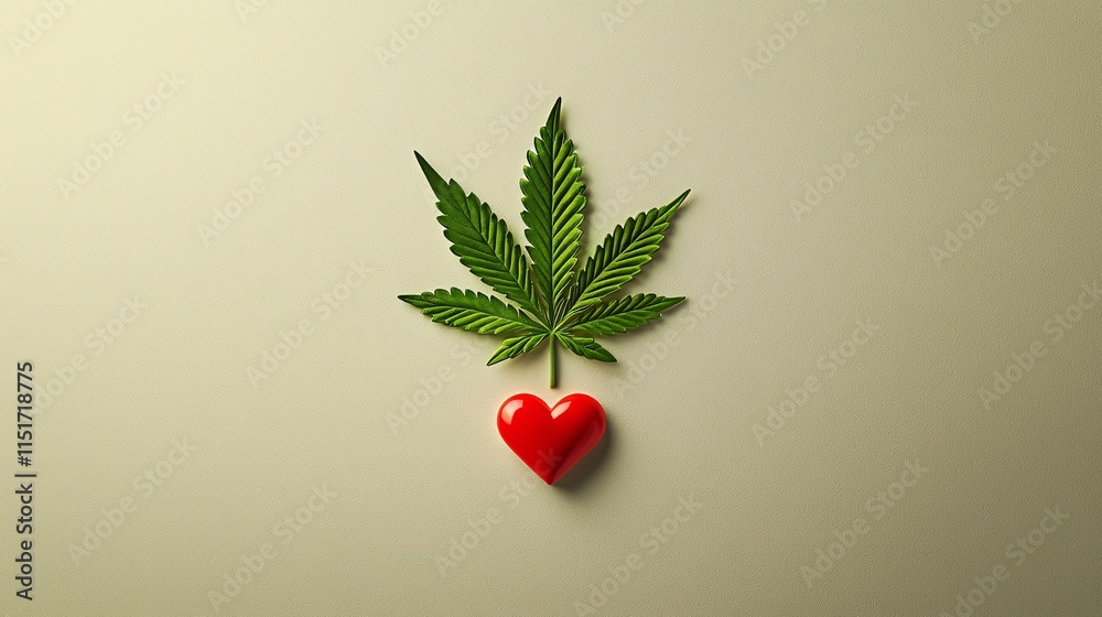 Aufkleber A minimalistic design featuring a cannabis leaf icon with a heart shape on a cream-colored background Stock Photo with side copy space